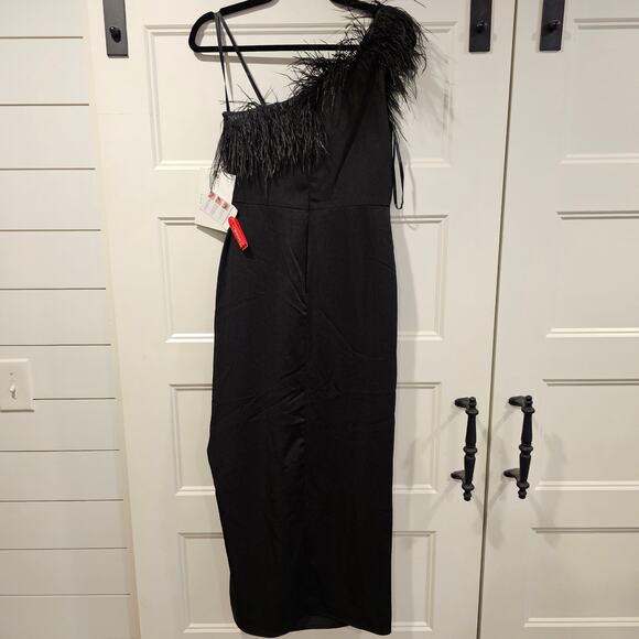 Mac Duggal 68147 Black Feather Trim One Shoulder Sleeveless Midi Dress Size 4 - Picture 5 of 10
